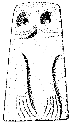 Owl-faced figure with hands at pubis